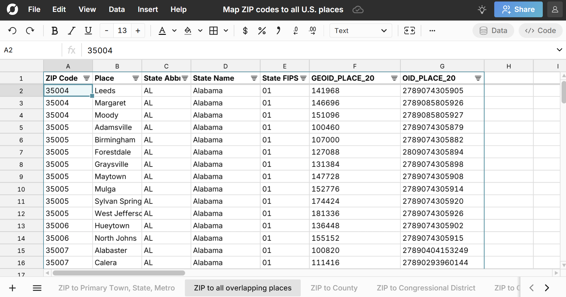 zip code to places crosswalk in spreadsheet